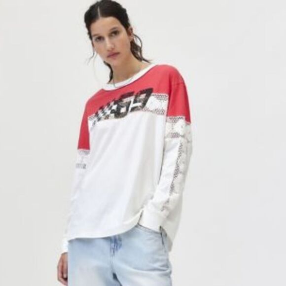 NWT bdg rugby  Spliced Long Sleeve crochet detailed Top size large - Picture 2 of 4